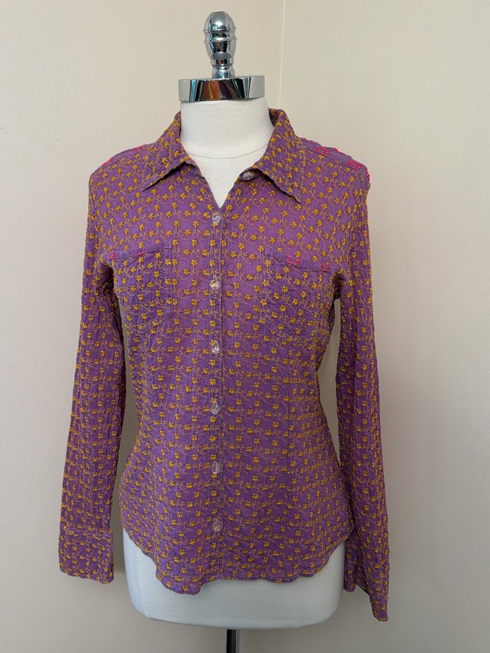 Johnny Was All Over Floral Embroidery Rayon Western Style Shirt M